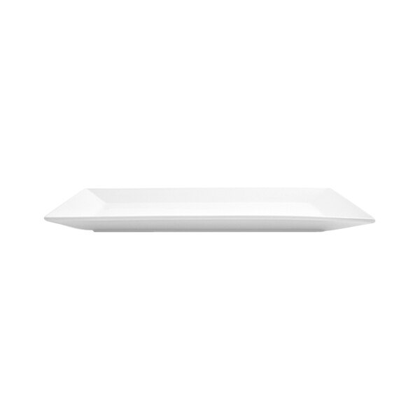 A rectangular bright white porcelain plate with slightly raised edges.