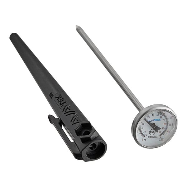 A pocket probe dial thermometer with a 5-inch metal stem and a black plastic sheath that includes a calibration wrench.