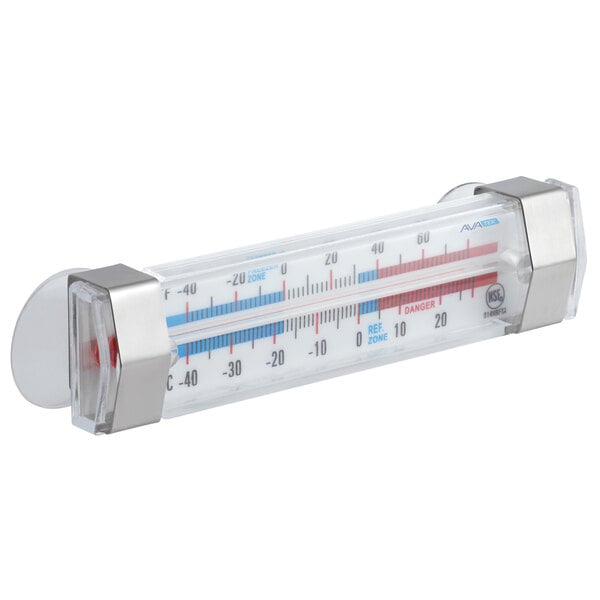 A close-up of an AvaTemp refrigerator/freezer thermometer with red and blue lines on a white background.