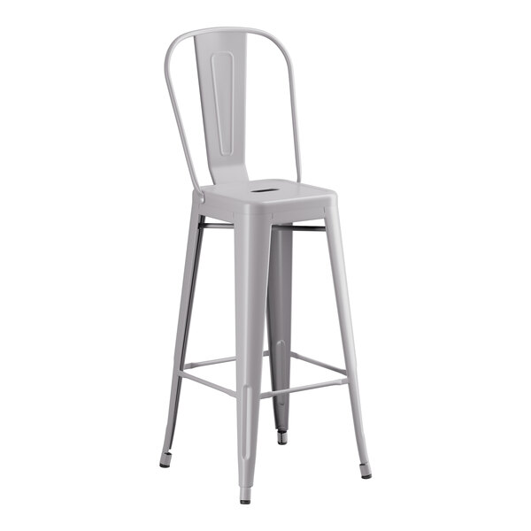 A Lancaster Table & Seating gray metal outdoor cafe barstool with a backrest.