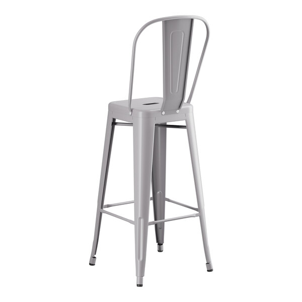 A Lancaster Table & Seating gray metal outdoor cafe bar stool with a backrest.