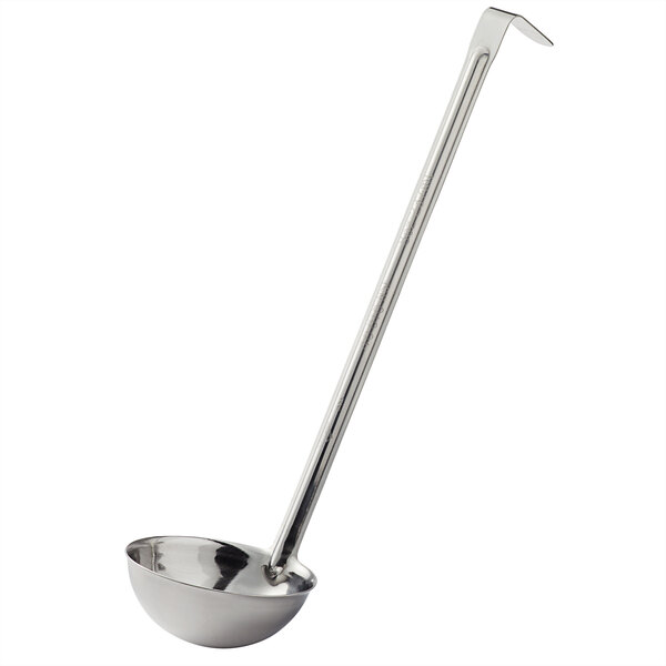 A silver Vollrath stainless steel ladle with a long handle and a bowl.
