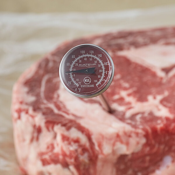 food thermometer in raw steak