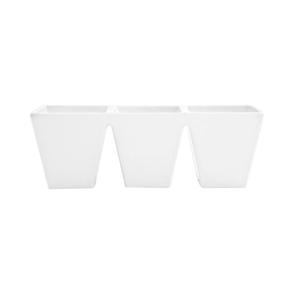 A white porcelain bowl with three separate compartments.