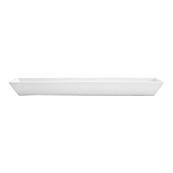 A long, narrow, bright white rectangular porcelain server.