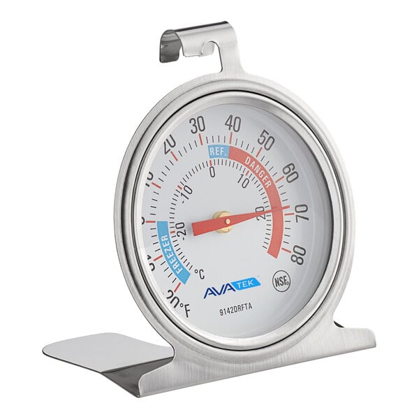 A close-up of a metal AvaTemp refrigerator/freezer thermometer.
