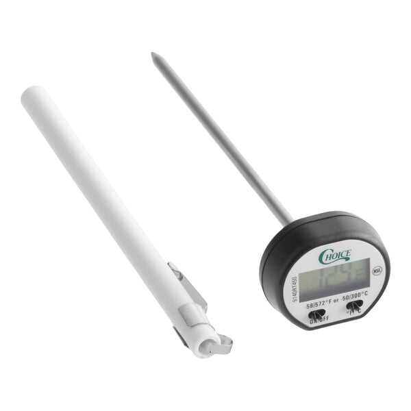 A digital probe thermometer with a protective white sheath and a display showing a temperature reading.