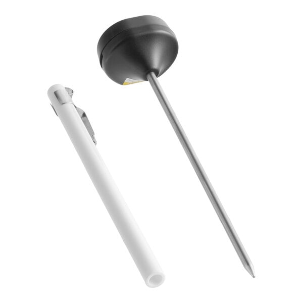 A metal probe thermometer with a black top and a separate white protective sheath with a pocket clip.