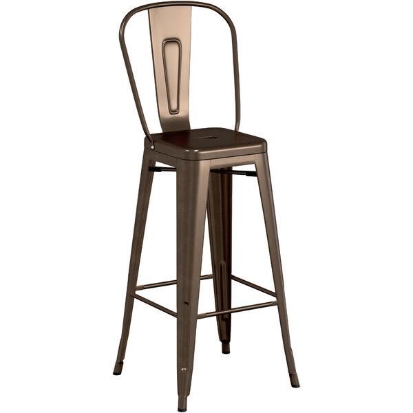 A brown metal bar stool with a back.