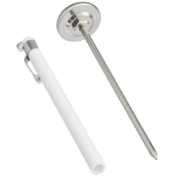 A close-up of a metal rod with a white background.