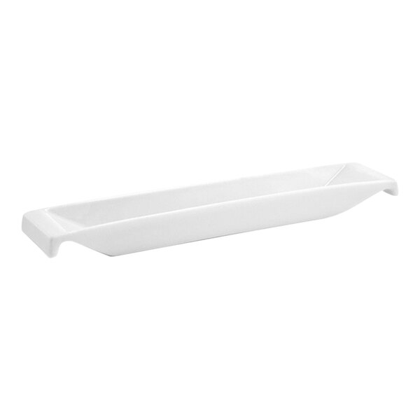 A small, bright white rectangular porcelain hanging ramekin.