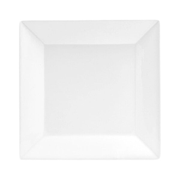 A bright white square porcelain plate with a slightly raised rim.