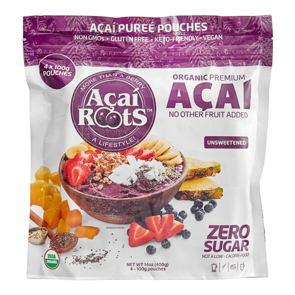 A package of Acai Roots unsweetened organic acai berry puree pouches.