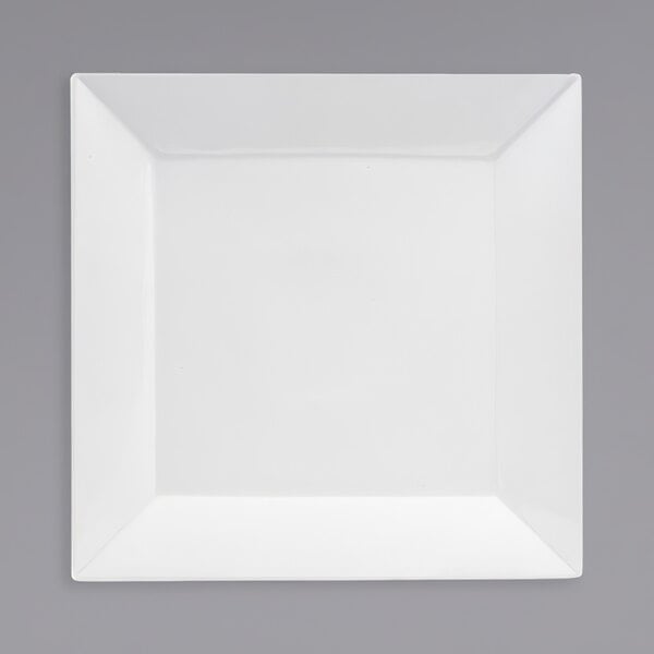 A white square plate on a grey background.