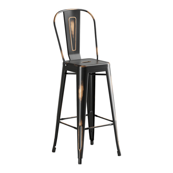 A black metal outdoor cafe barstool with a wooden seat.