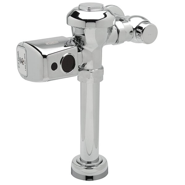 A Zurn chrome plated toilet flush valve.