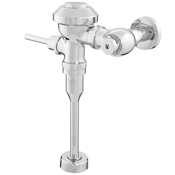 A close-up of a chrome Zurn manual flush valve for a urinal.