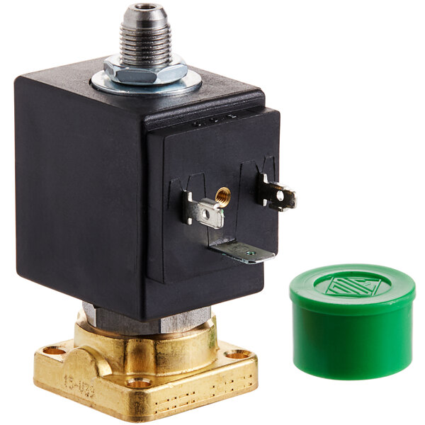 A black square device with a green cap and a screw inside with a small green valve.