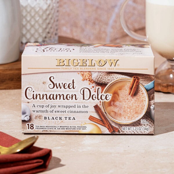 A box of Bigelow Sweet Cinnamon Dolce Black Tea Bags containing 18 individually wrapped tea bags.