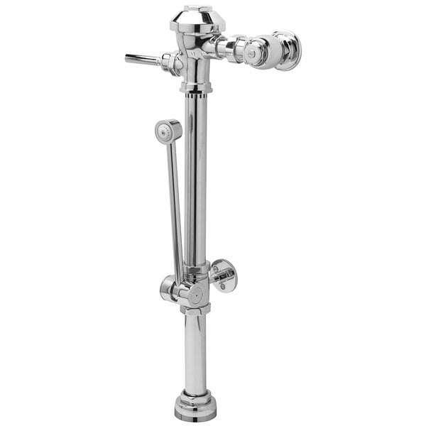 A Zurn chrome and white toilet flush valve with a handle.
