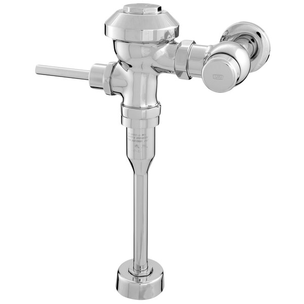 A Zurn chrome exposed manual flush valve with a wall flange and vandal stop cap.