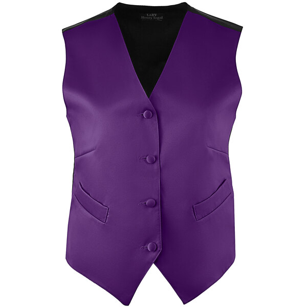 A Henry Segal women's purple satin server vest with black trim and buttons.