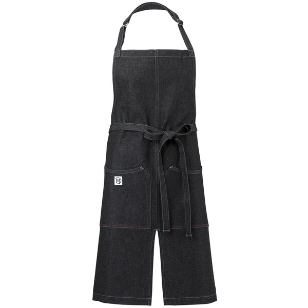 A black denim Mercer Culinary apron with pockets and an adjustable neck.