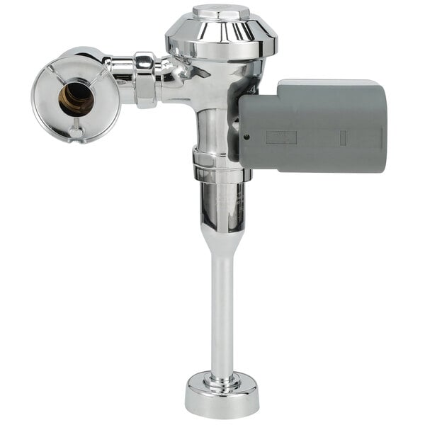 A chrome plated Zurn urinal flush valve with a metal pipe.