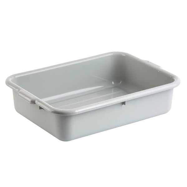 A gray plastic Tablecraft bus tub.