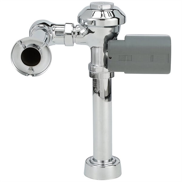 A chrome and white Zurn urinal flush valve with a sensor.