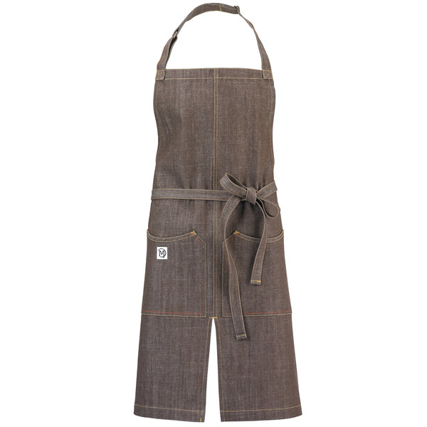 A brown Mercer Culinary restaurant apron with a tie and two pockets.