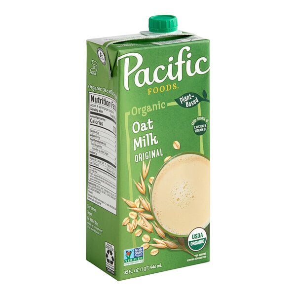 A 32 fl. oz. carton of Pacific Foods Original Organic Oat Milk.