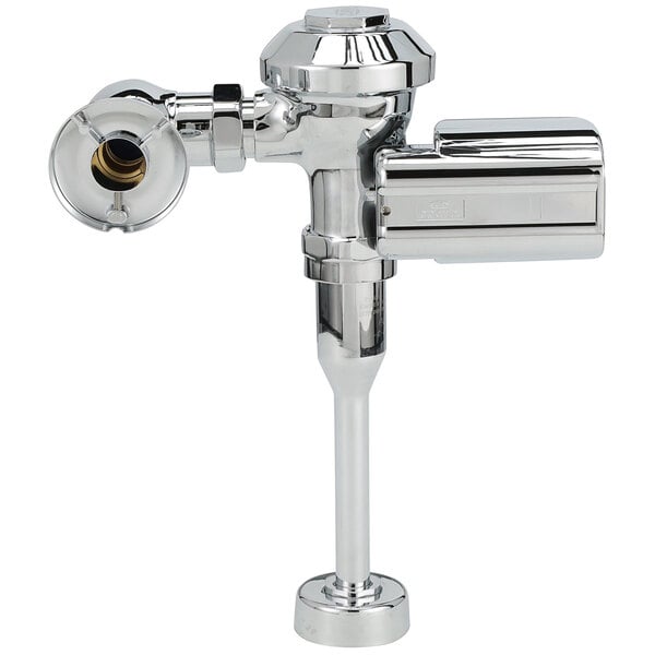 A chrome plated Zurn urinal flush valve with a sensor and water outlet.