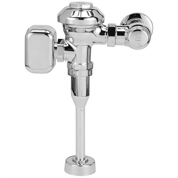 A close-up of a chrome plated Zurn urinal flush valve.