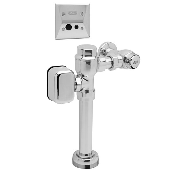 A chrome-colored Zurn toilet flush valve.