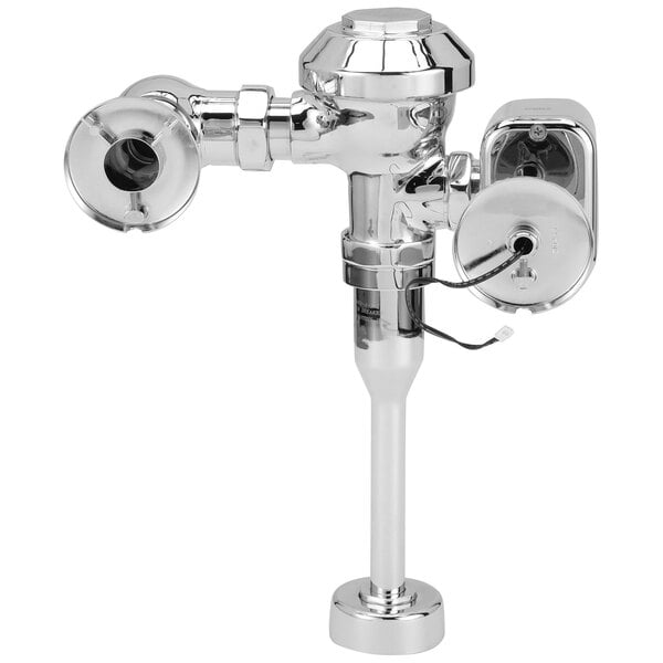 A Zurn chrome urinal flush valve with a hardwired automatic sensor.