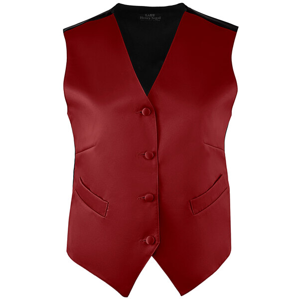 A burgundy satin server vest with black buttons and trim.