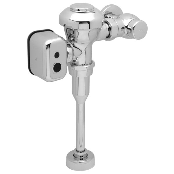 A close-up of a chrome plated Zurn urinal flush valve.