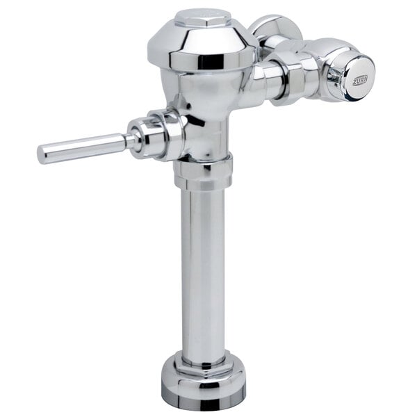 A close-up of a Zurn chrome-colored manual diaphragm toilet flush valve.