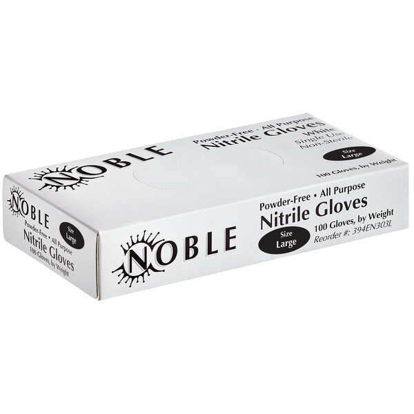 A white box of Noble Nitrile gloves with black text.