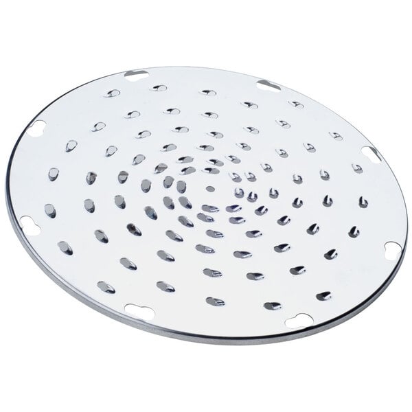 A stainless steel Globe 3/16" Shredder Plate with holes in it.