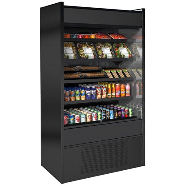 A black Structural Concepts Oasis air curtain merchandiser filled with food and drinks on shelves.