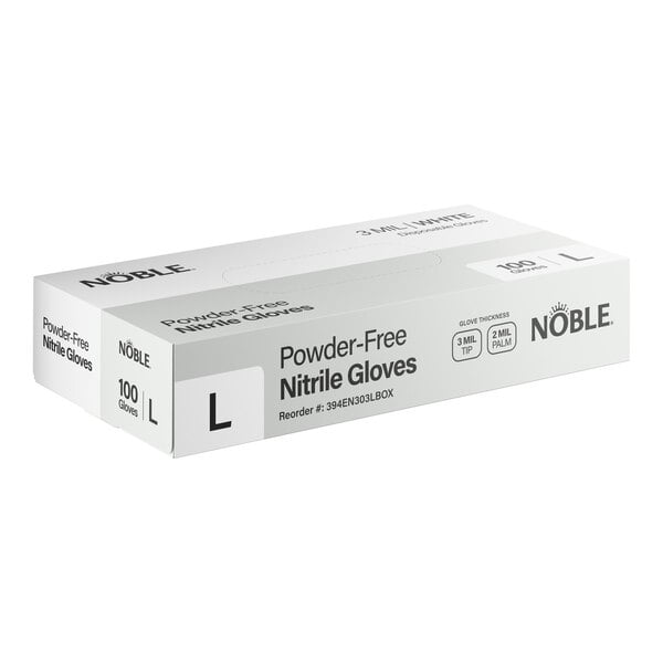 A box of Noble brand large powder-free nitrile gloves containing 100 gloves.