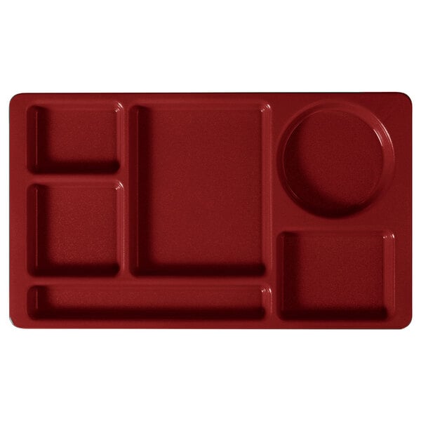A red rectangular Cambro compartment tray with six compartments.