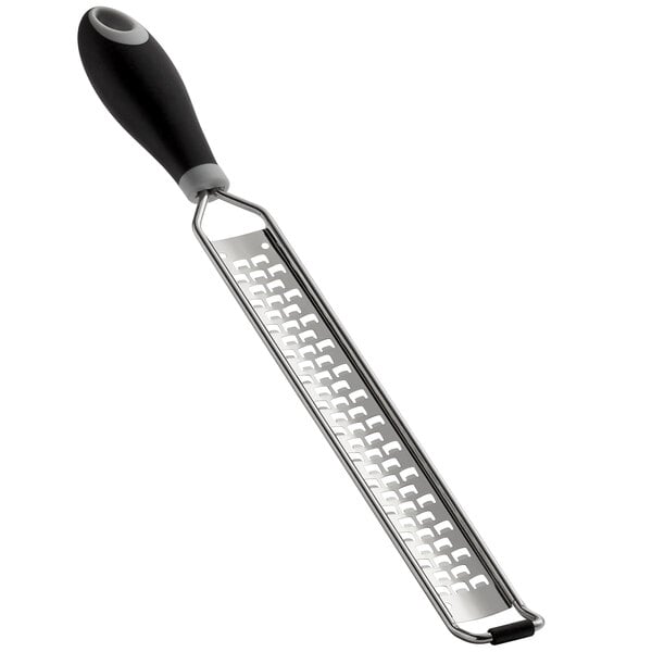 A Mercer Culinary stainless steel grater with a black Santoprene handle.