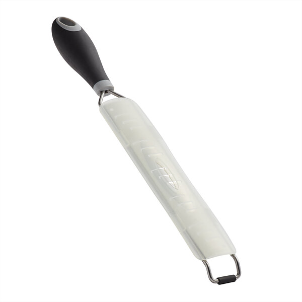 A MercerGrates stainless steel shaver with a black and grey Santoprene handle.