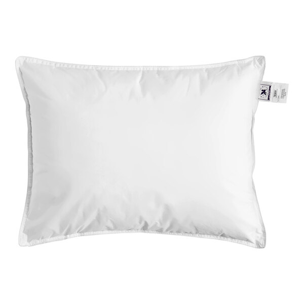 A white Oxford Microgel standard size pillow with a label.
