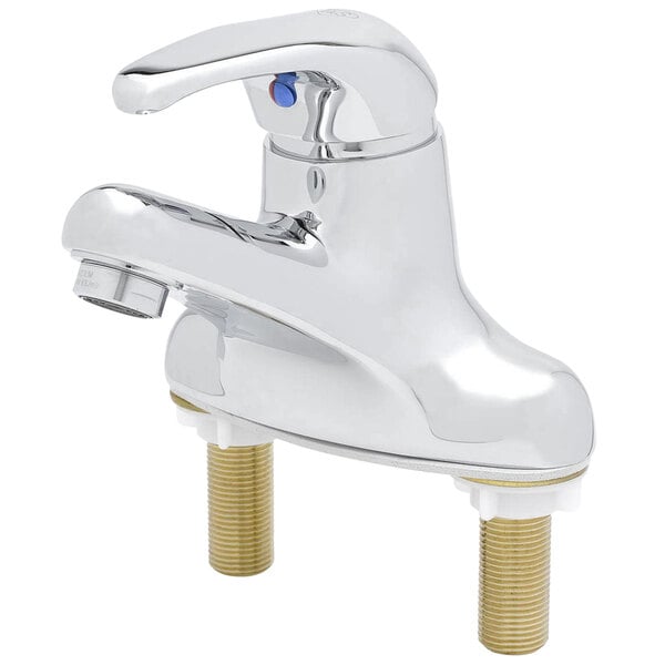 A chrome T&S single lever lavatory faucet.