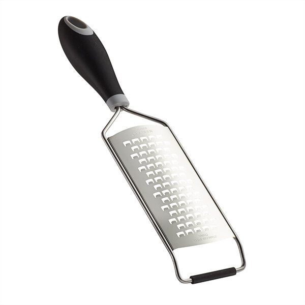 A Mercer Culinary stainless steel grater with a black Santoprene handle.
