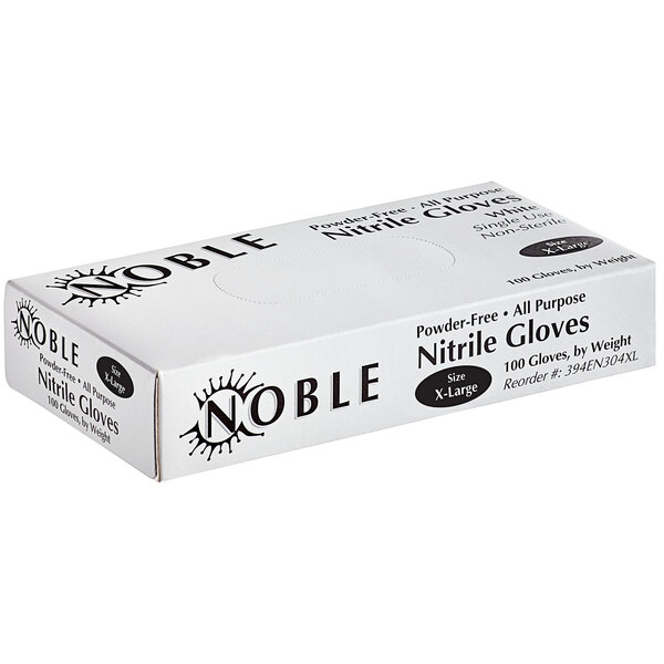 A white box of Noble Products Nitrile gloves with black text on it.